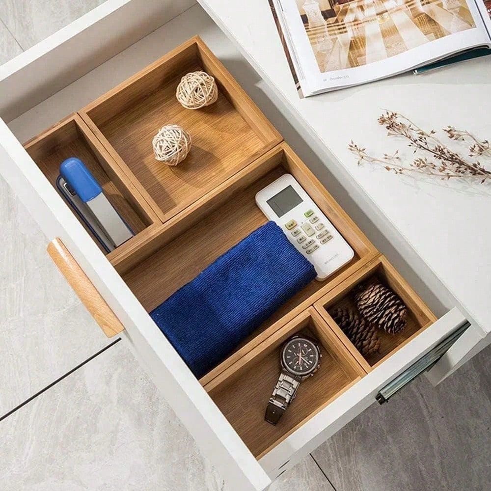 Drawer Organizer Tray - กล่องจัดระเบียบลิ้นชักพร้อมแผ่นกั้นลิ้นชักไม้ปรับระดับได้ 2 ชิ้น, กล่องเก็บของอเนกประสงค์แบบซ้อนกันได้สำหรับโต๊ะเครื่องแป้ง, ถาดใส่ของพร้อมช่องแบ่ง 7