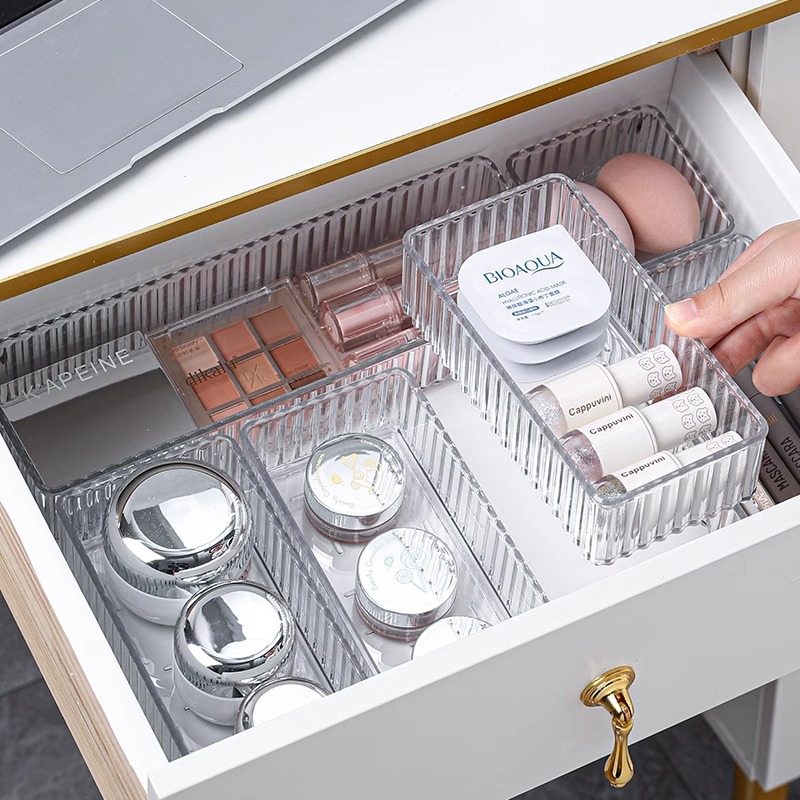 Drawer Organizer Tray - กล่องจัดระเบียบลิ้นชักแบบใส ซ้อนกันได้ 4 ขนาด ถาดใส่เครื่องสำอางอะคริลิคใส กล่องเก็บของในห้องน้ำ