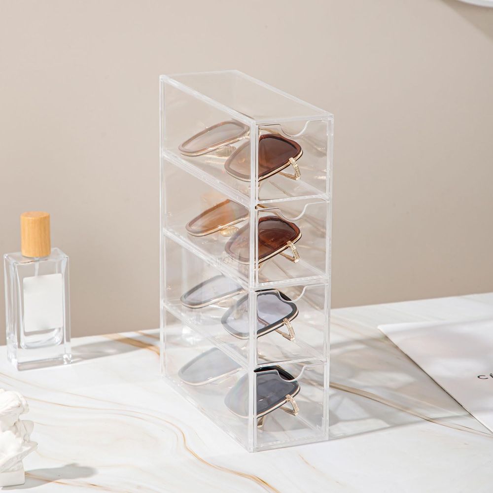 Drawer Organizer Tray - กล่องเก็บแว่นกันแดด, ที่จัดเก็บแว่นตาอะคริลิก, ถาดลิ้นชักเก็บเครื่องสำอาง, กล่องใส่แว่นกันแดดแบบโปร่งใส 4 ชั้น
