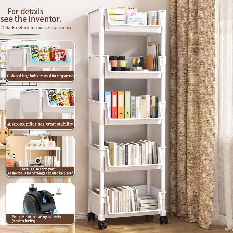 Book Cart Rolling - รถเข็นเก็บของพลาสติกแบบมีล้อ 5 ชั้น สีขาว แบบตั้งพื้น (35*26.5*125