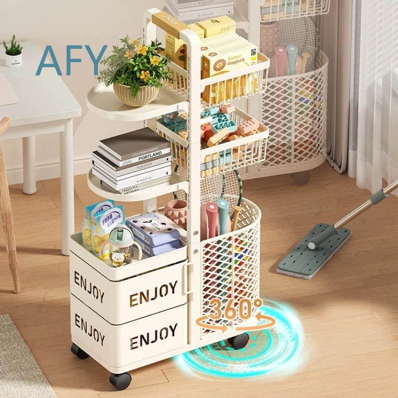 Book Cart Rolling - รถเข็นเก็บของเล่นเด็กแบบหลายชั้นสำหรับการเรียนรู้แบบมอนเตสซอรี่ พร้อมชั้นวางหนังสือ โต๊ะข้างโซฟา และช่องเก็บขนมแบบมีล้อ