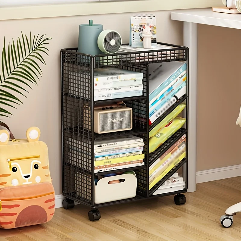 Book Cart Rolling - รถเข็นหนังสือแบบมีล้อ - ชั้นวางหนังสือโลหะเคลื่อนที่ได้, ที่จัดระเบียบโต๊ะทำงานและชั้นวางของแบบมุม, รถเข็นประหยัดพื้นที่สำหรับบ้านและห้องสมุด