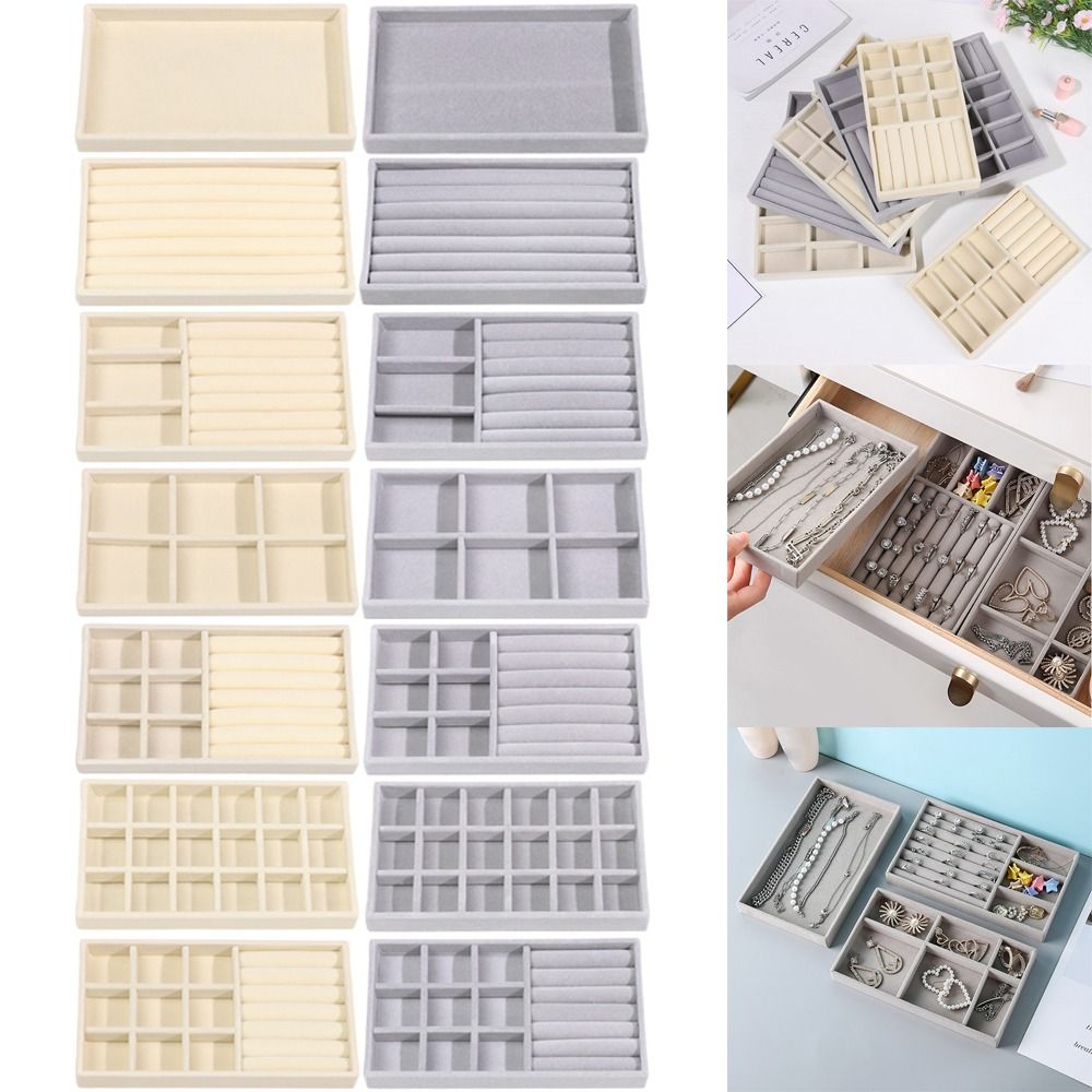 Drawer Organizer Tray - กล่องจัดระเบียบแบบซ้อนได้ กล่องเก็บเครื่องประดับกำมะหยี่ ถาดโชว์กำมะหยี่ ลิ้นชักโชว์แหวน กำไลข้อมือ